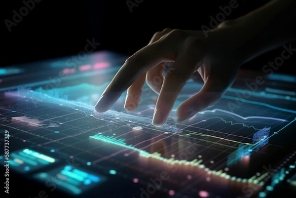Fototapeta Close-up of a hand typing on a virtual screen using a laptop - perfect for technology, work from home, and remote work concepts. AI Generative