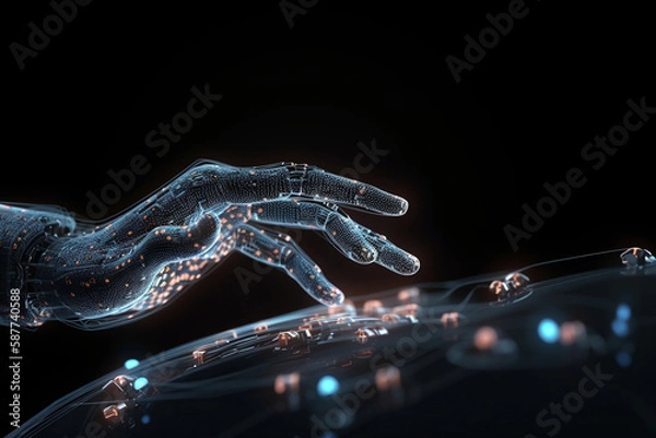Fototapeta Robot hand learns from human input on a touch screen - perfect for machine learning, and robotics concepts. This futuristic image showcases the seamless integration of human and machine. AI Generative