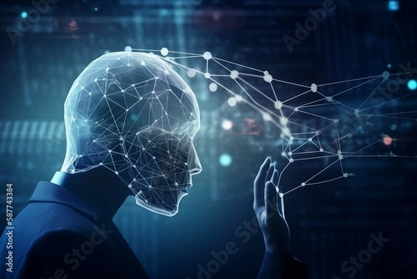 Fototapeta a modern businessman with an AI head using advanced technology to interact with a screen on the wall. The futuristic concept highlights the seamless integration of human and machine. AI Generative