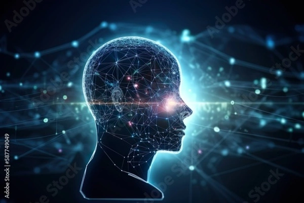Fototapeta Illustrated head surrounded by neon lines and networks represents dynamic AI learning. Futuristic design showcases AI's potential, perfect for technology and science concepts. AI Generative
