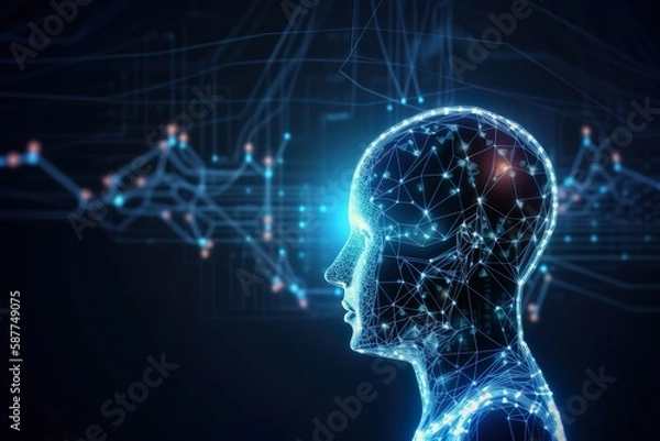 Fototapeta Illustrated head surrounded by neon lines and networks represents dynamic AI learning. Futuristic design showcases AI's potential, perfect for technology and science concepts. AI Generative