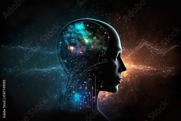 Fototapeta Illustrated head surrounded by neon lines and networks represents dynamic AI learning. Futuristic design showcases AI's potential, perfect for technology and science concepts. AI Generative