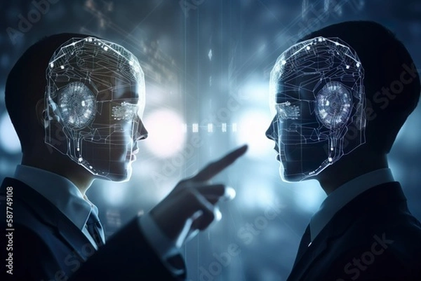 Fototapeta Illustrated head surrounded by neon lines and networks represents dynamic AI learning. Futuristic design showcases AI's potential, perfect for technology and science concepts. AI Generative