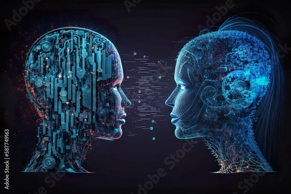 Fototapeta Illustrated head surrounded by neon lines and networks represents dynamic AI learning. Futuristic design showcases AI's potential, perfect for technology and science concepts. AI Generative