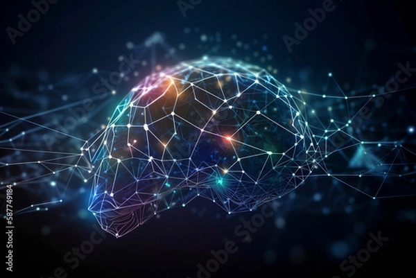 Obraz Illustrated head surrounded by neon lines and networks represents dynamic AI learning. Futuristic design showcases AI's potential, perfect for technology and science concepts. AI Generative