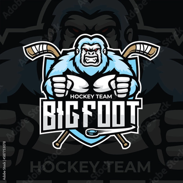 Fototapeta yeti mascot logo for the ice hockey team logo. vector illustration. With a combination of shields badge, puck and ice hockey stick