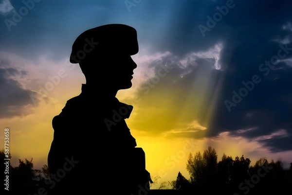 Fototapeta Silhouette of a Ukrainian soldier on the background of the flag of Ukraine, Generative AI 1