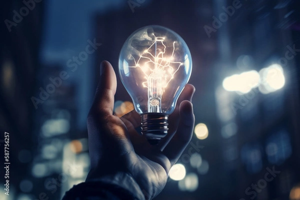 Fototapeta This striking image captures the essence of creativity and innovation, with a hand holding a light bulb representing a new idea. AI Generative.