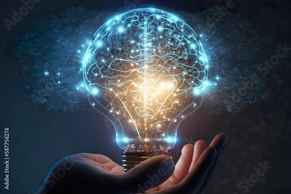 Fototapeta This striking image captures the essence of creativity and innovation, with a hand holding a light bulb representing a new idea. AI Generative.