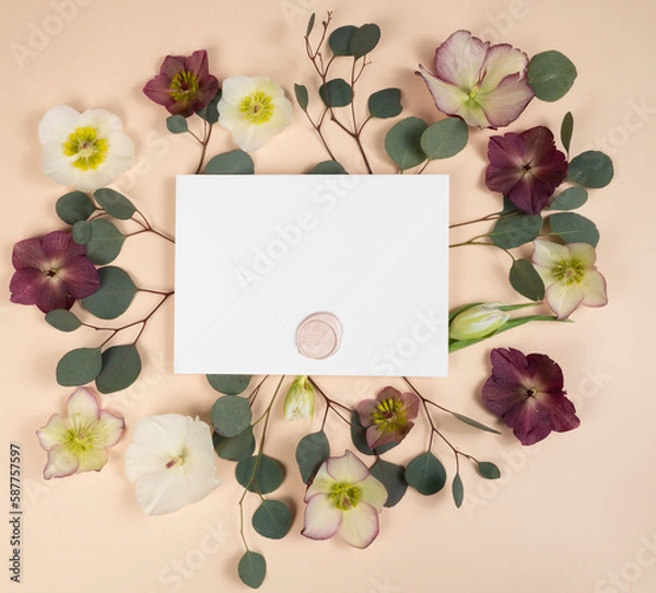 Fototapeta Flat lay with white envelope with a wax seal and fresh hellebore flowers