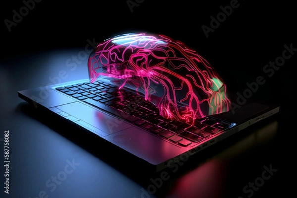 Fototapeta a virtual brain-shape illustration in neon colors emanating from a laptop, representing the power of technology in unlocking the secrets of the mind & AI Learning. AI Generative.