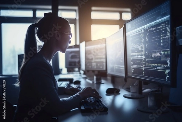 Fototapeta A busy office lady working on a desktop computer, surrounded by multiple screens, highlights multitasking and efficiency in the modern workplace. AI Generative. 