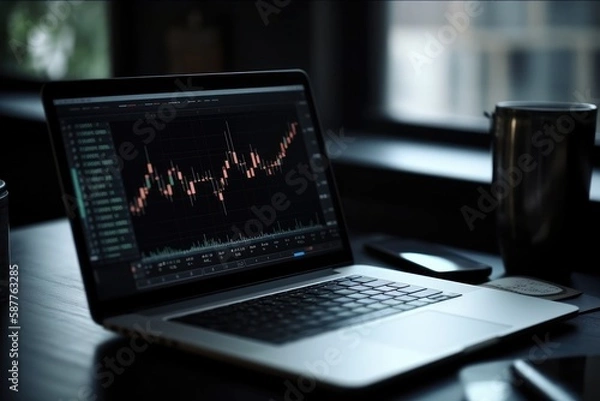 Obraz Open Laptop With Stock Market Analysis And Charts. Generative AI