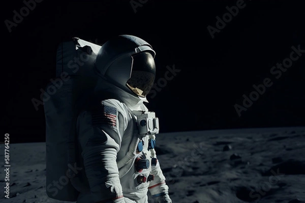 Fototapeta An American astronaut walking on a distant planet. The image has a high contrast and is shot in a cinematic movie still style. Generative AI.