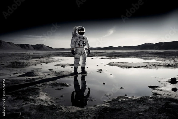 Fototapeta An American astronaut walking on a distant planet. The image has a high contrast and is shot in a cinematic movie still style. Generative AI.