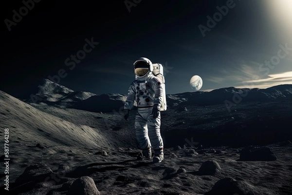 Fototapeta An American astronaut walking on a distant planet with planet Earth in the background. The image has a high contrast and is shot in a cinematic movie still style. Generative AI.