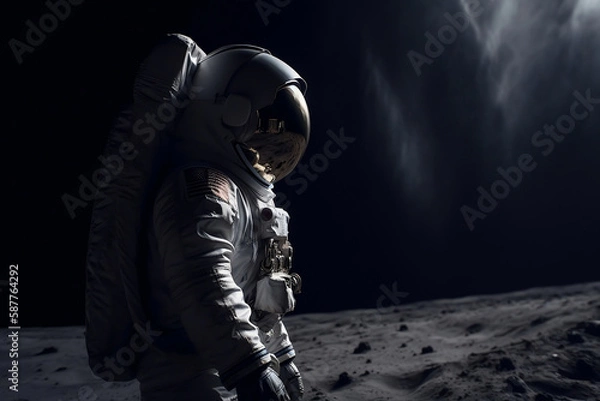 Fototapeta An American astronaut walking on a distant planet. The image has a high contrast and is shot in a cinematic movie still style. Generative AI.