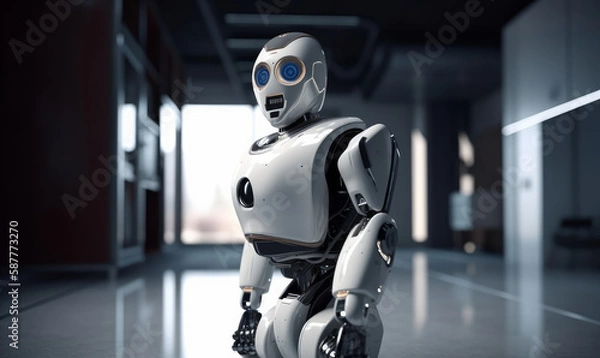 Fototapeta Smat Robot as home assistant with artificial intelligence on modern living room home background. Generative AI
