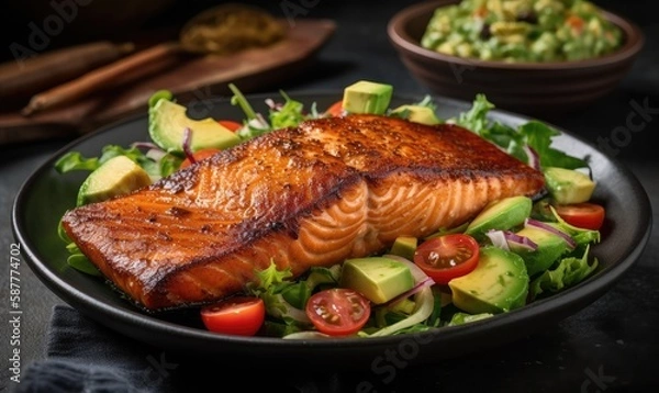 Fototapeta Grilled salmon fish fillet and fresh green lettuce vegetable tomato salad with avocado guacamole, generative AI