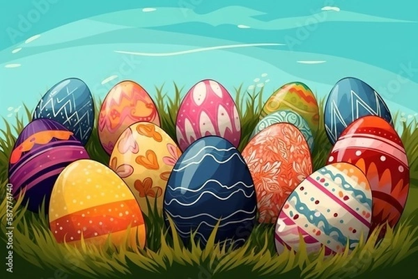 Obraz Cartoon Easter eggs on meadow green grass. Spring season. Painted and decorated eggs.
