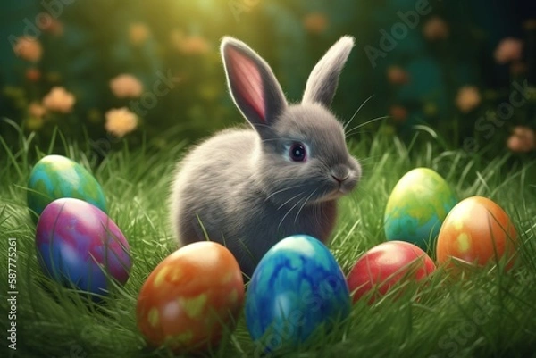 Obraz Easter eggs and cute bunny in the grass. Egg hunt. Easter celebration of spring. 3D rendering. AI generated.