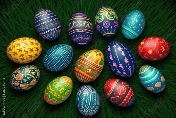 Obraz Cartoon Easter eggs on meadow green grass. Spring season. Painted and decorated eggs.
