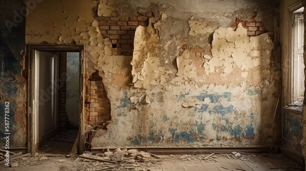 Fototapeta Abandoned and destroyed brick wall Generative AI