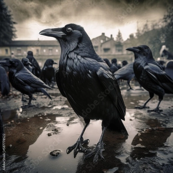 Fototapeta Flock of crows on the ground Generative AI