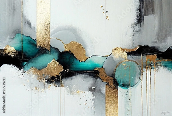 Obraz Splashes of bright paint on the canvas.Gold, black, blue and gray colors. Interior painting. Beautiful background. Generative AI.