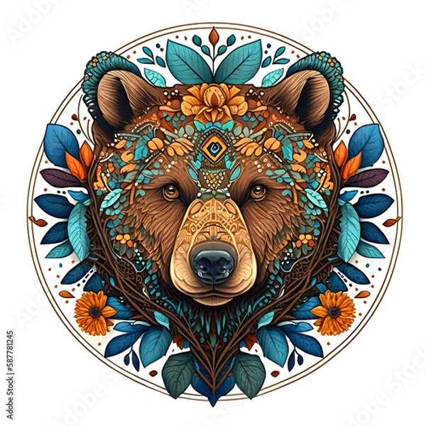 Fototapeta  Detailed and colorful bear mandala art on a white background. Created with Generative AI technology.