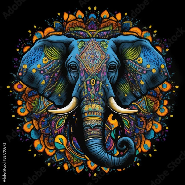 Fototapeta Ornate and colorful elephant mandala ar on a black background.  Created with Generative AI.