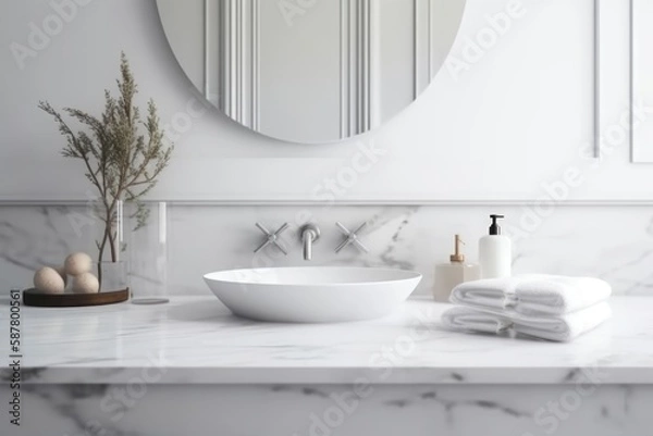 Fototapeta White Bathroom Interior: Empty Marble Table Top for Product Generative AI