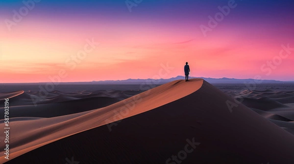 Fototapeta A lonely man silhouetted standing on top of a sand dune in the middle of a desert with the amazing soft, orange, and pink sunset - Generative AI