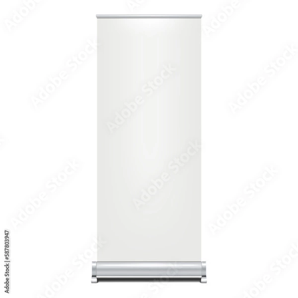 Fototapeta Blank vertical roll-up banner stand vector mockup. Pull-up roller portable signage mock-up. White pop-up advertising display template