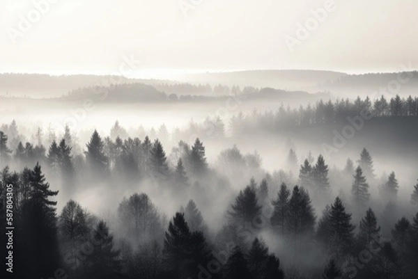 Fototapeta pine forest in the mountains, blanketed in morning mist. The trees rise tall and straight, with their branches covered in needles that are tinged with dew Generative AI