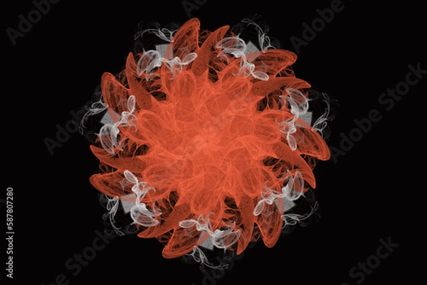 Fototapeta Orange floral pattern of crooked waves on a black background. Abstract fractal 3D rendering
