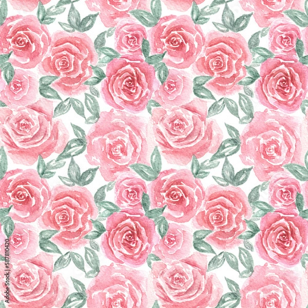 Obraz Watercolor hand drawn beautiful pink roses with green leaves on white background.Aquarelle floral backdrop as summer endless pattern for web design, printing cards, invitations, fabric and wrapping 
