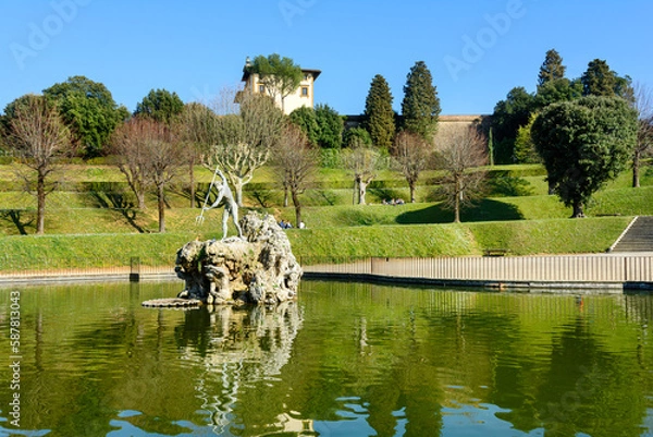 Obraz Fountain of Neptune. Boboli Gardens. Florence. Italy. Statue of Neptune with a trident. City park in Florence