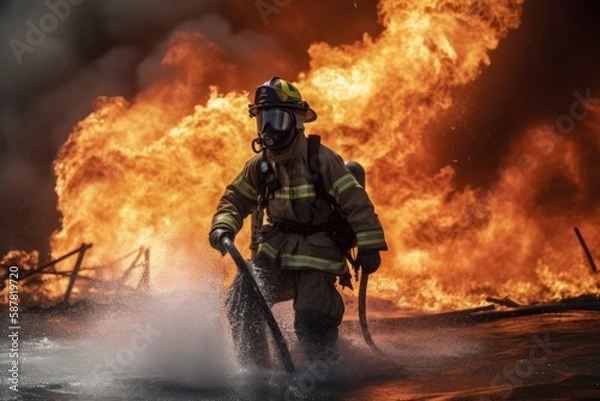 Fototapeta Firefighter battling a blaze with water. The image conveys a sense of courage, bravery, and the importance of public safety Generative AI