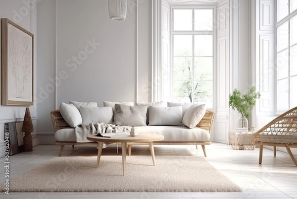 Fototapeta modern living room with a white sofa and a coffee table. Generative AI