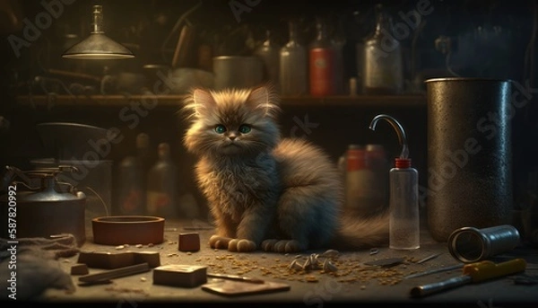 Obraz a Kitting on a scientists workbench late at night