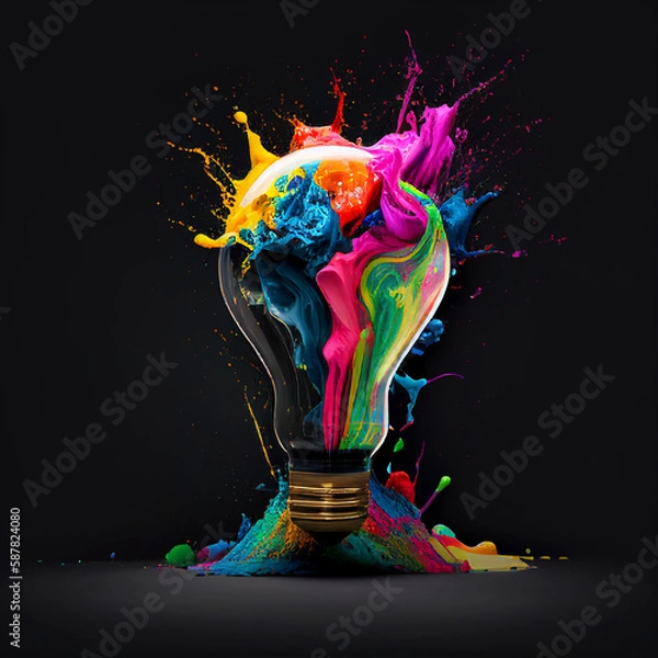 Fototapeta Light bulb with explosion of color and splashes of paint on black background. Abstract concept of creative thinking.  Generative AI  
