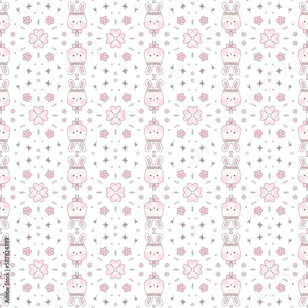 Fototapeta Cute fluffy bunny and flowers pattern on the white background seamless