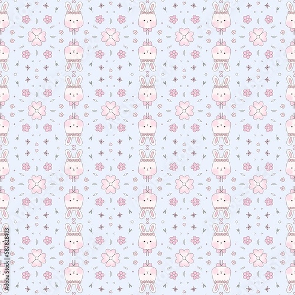 Fototapeta Cute fluffy bunny and flowers pattern on the blue background seamless