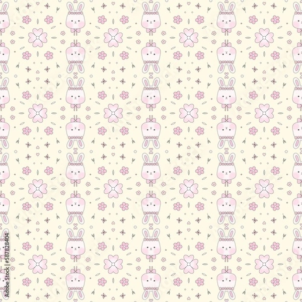 Fototapeta Cute fluffy bunny and flowers pattern on the yellow background seamless