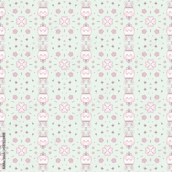 Fototapeta Cute fluffy bunny and flowers pattern on the green background seamless