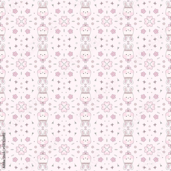 Fototapeta Cute fluffy bunny and flowers pattern on the pinkbackground seamless