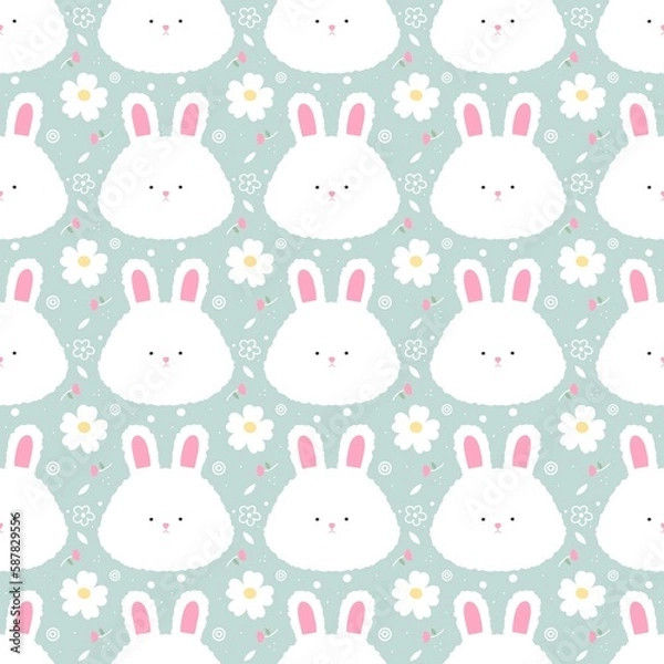 Fototapeta White fluffy bunny and flowers pattern on the green background