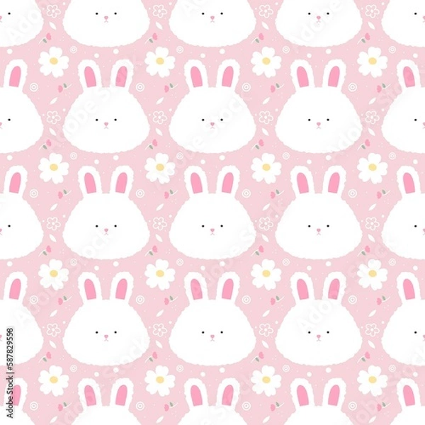 Fototapeta White fluffy bunny and flowers pattern on the pink background