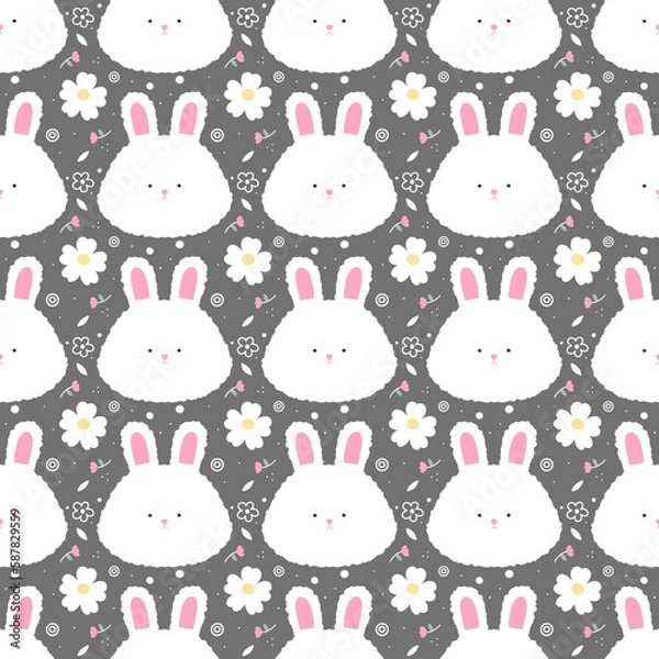 Fototapeta White fluffy bunny and flowers pattern on the gray background